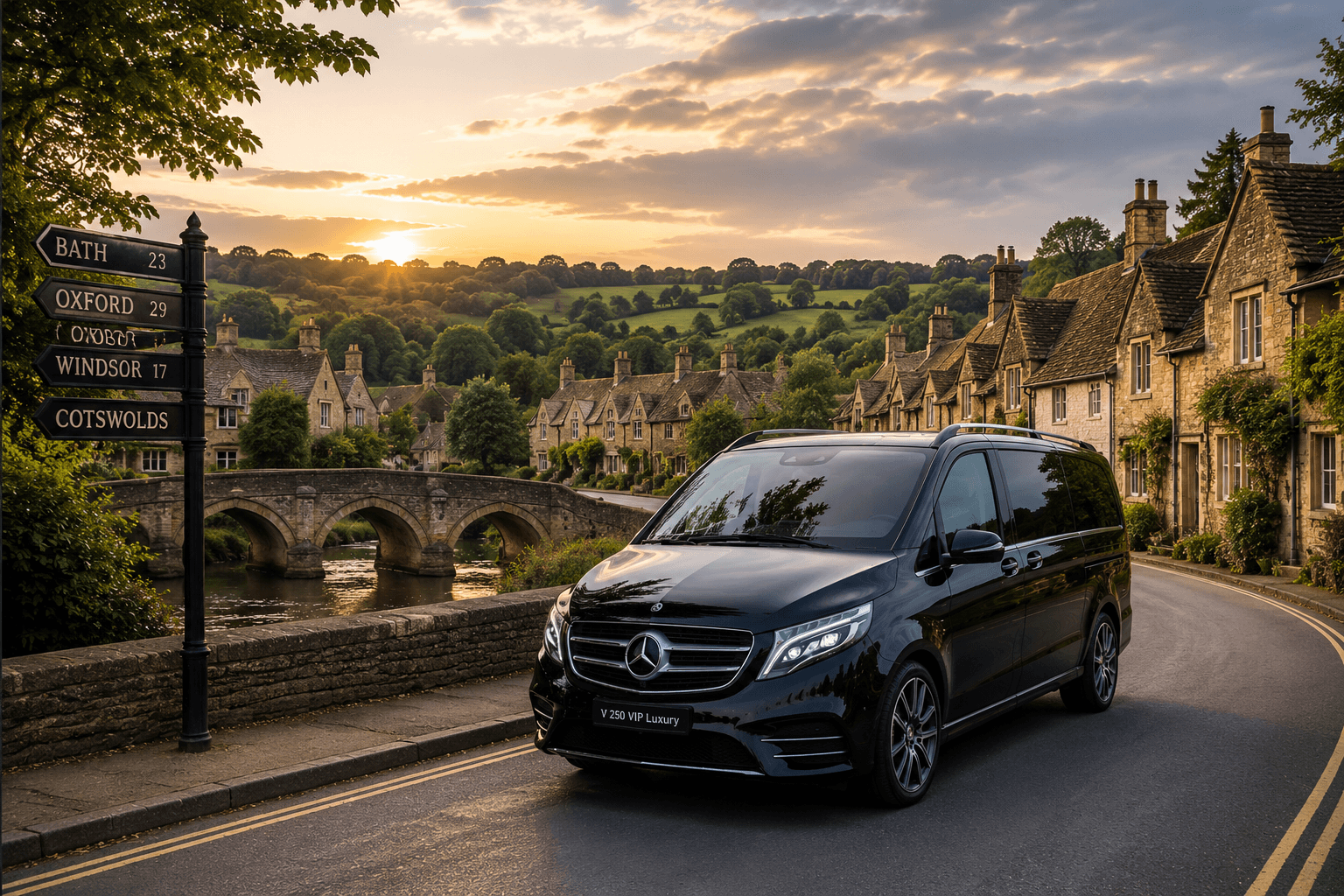 Mercedes V-Class on a Cotswolds village road at sunset with signpost to Bath, Oxford, Windsor — bespoke day trips