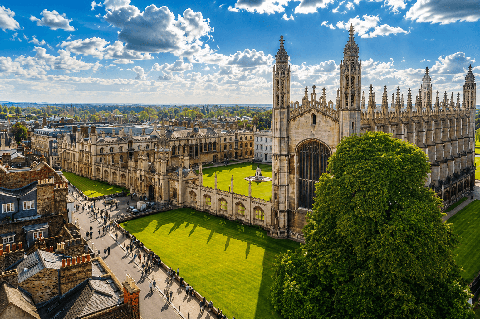 Aerial view of King’s College Chapel and the Cambridge colleges — private Cambridge chauffeur day tour