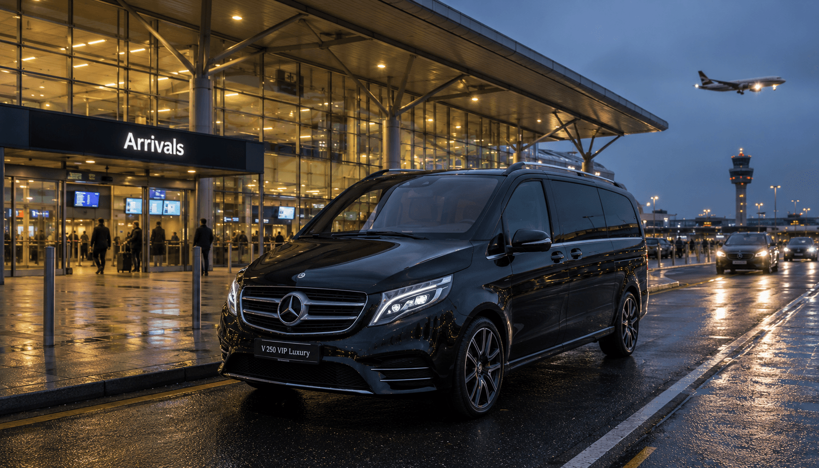 Black Mercedes V-Class at airport arrivals — executive airport and Eurostar chauffeur transfers