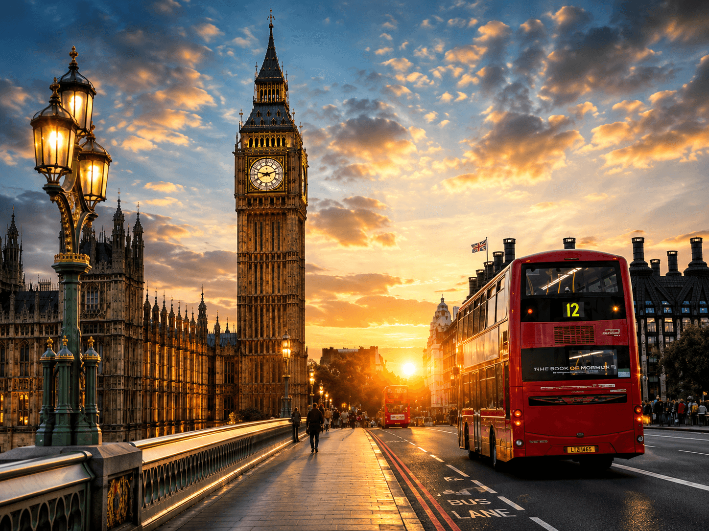 Westminster Bridge at sunset with Big Ben and a red London bus — private London chauffeur tours