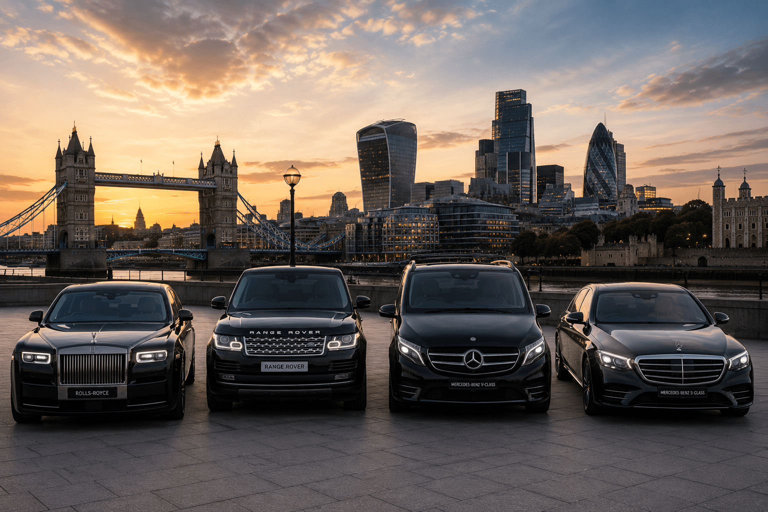 Rolls-Royce, Range Rover, Mercedes V-Class and S-Class with London skyline at sunset — luxury chauffeur fleet