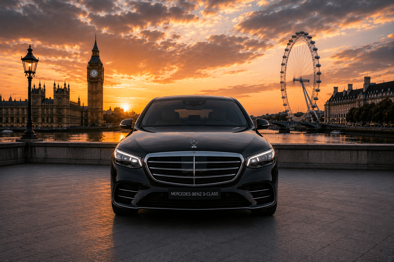 Black Mercedes-Benz S-Class at sunset with Big Ben and the London Eye — executive chauffeur hire