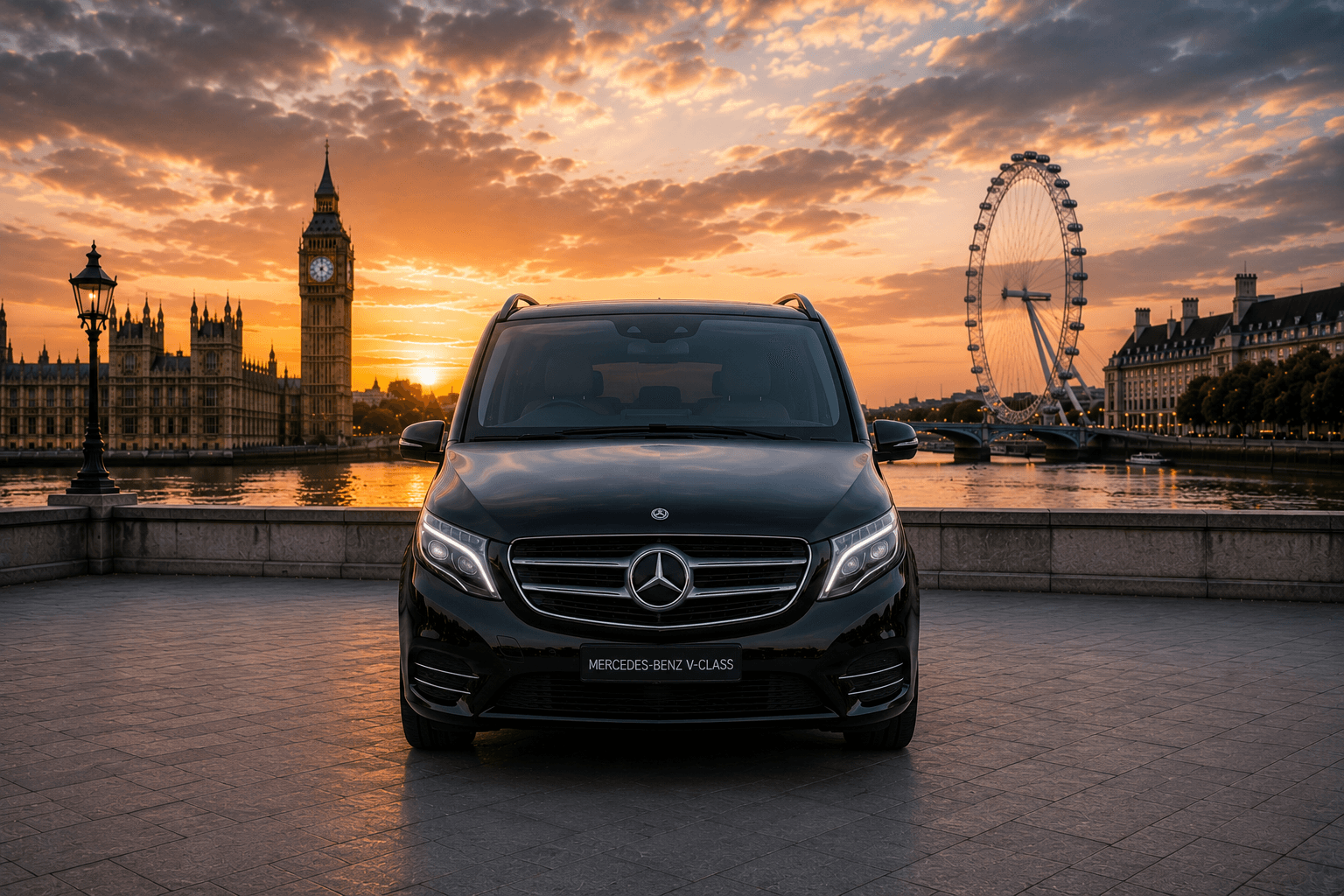 Black Mercedes-Benz V-Class at sunset with Big Ben and the London Eye — executive chauffeur hire