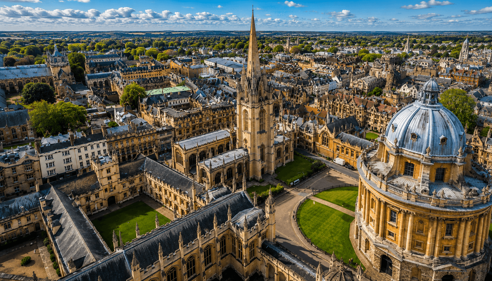 Aerial view of the Radcliffe Camera and Oxford dreaming spires — private Oxford chauffeur day tour