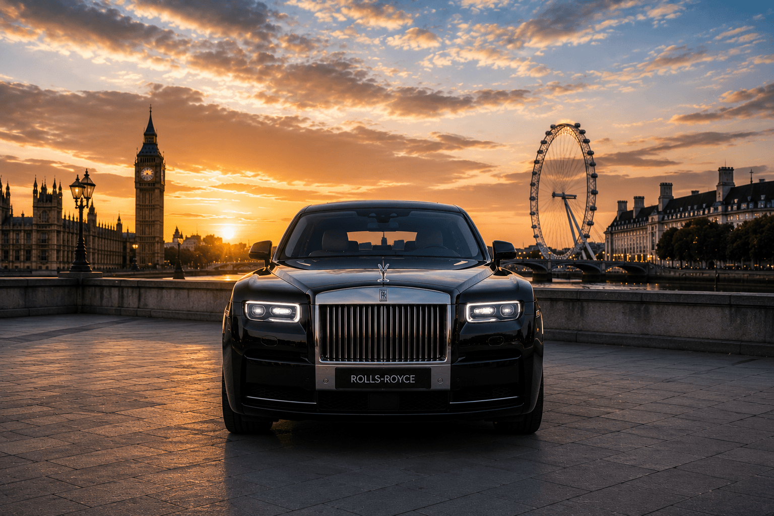 Black Rolls-Royce at sunset with Big Ben and the London Eye — luxury chauffeur hire