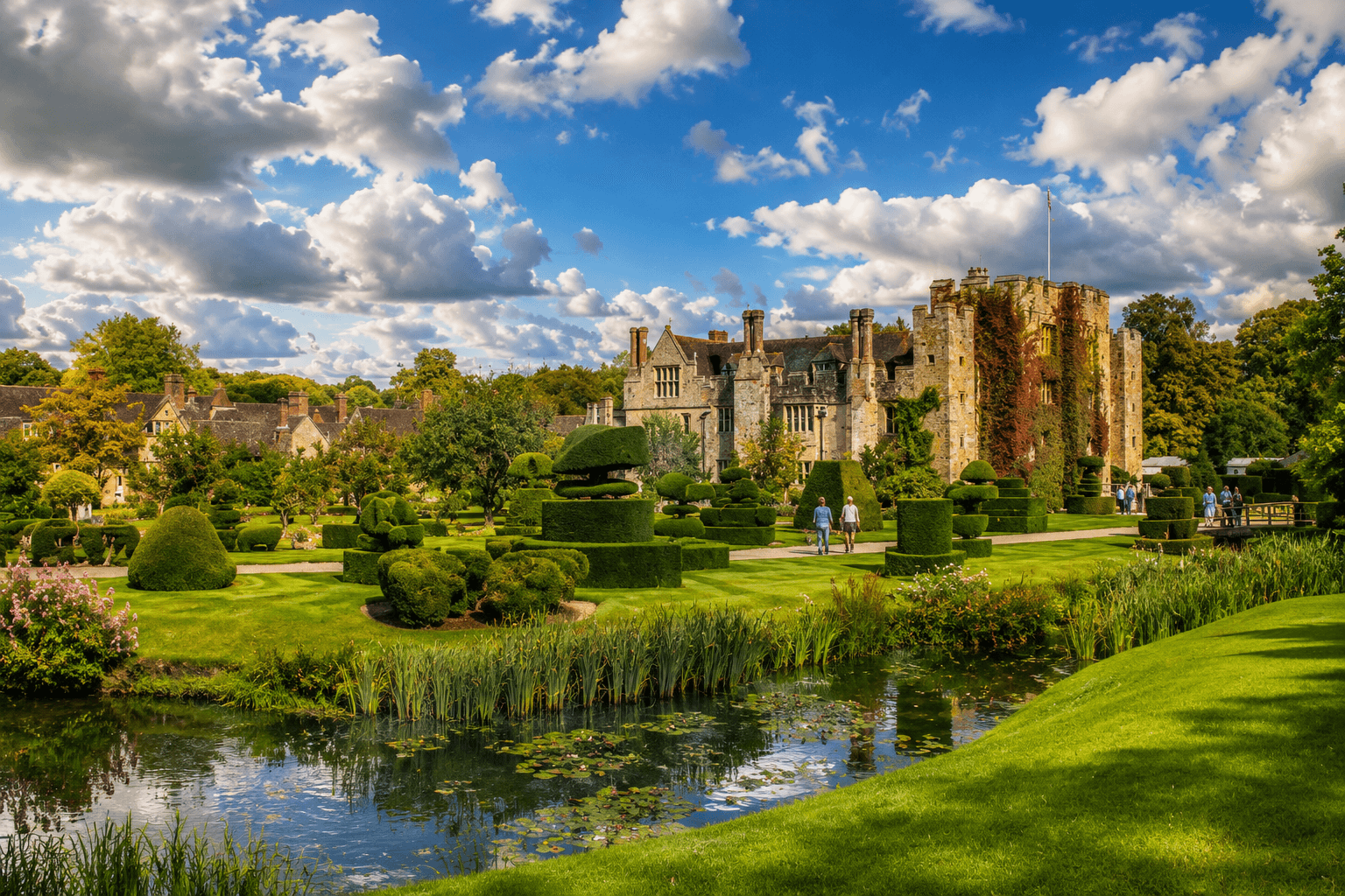 Historic Kent manor house and topiary gardens beside a reflecting pond — Secret Kent Hidden Gems private chauffeur tour